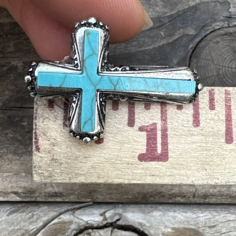 Turquoise Tone Howite or Plastic Cross Earrings Western Boho Silver Tone Post